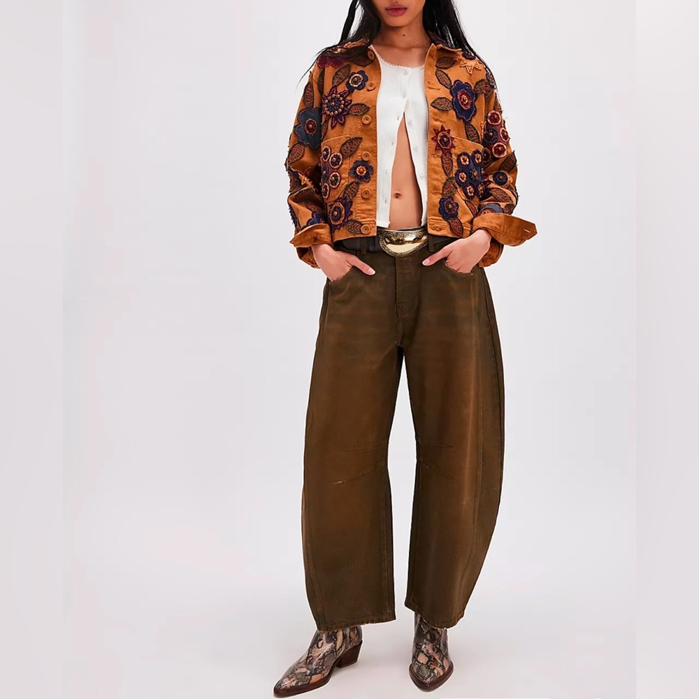 We The Free Good Luck Brown Coated Barrel Jeans| New Moon | size 27